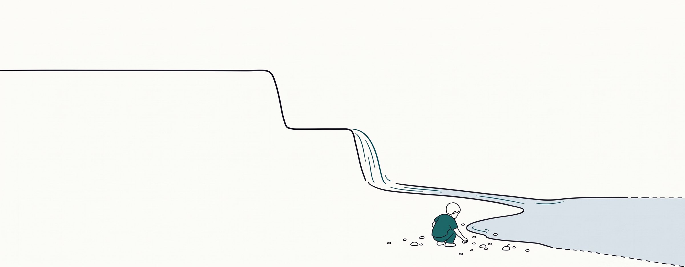 A line descending in steps like a pressure profile falls as a waterfall into a sea; at the shore a small child in scrubs, seen from behind, picks up pebbles.