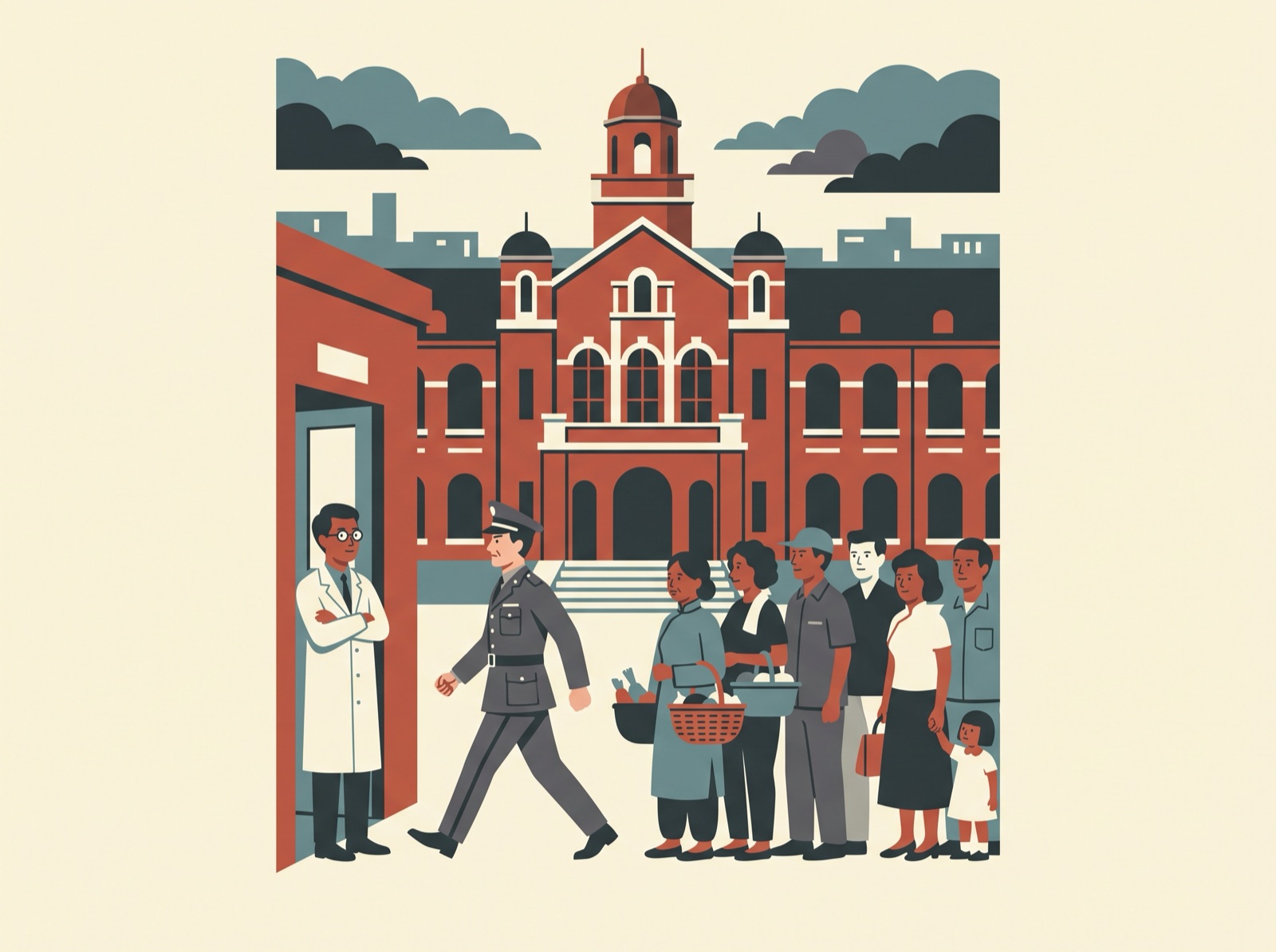 Illustration: in front of the old NTU Hospital building, a man in uniform tries to cut the line while a doctor blocks the door and neighbours wait behind