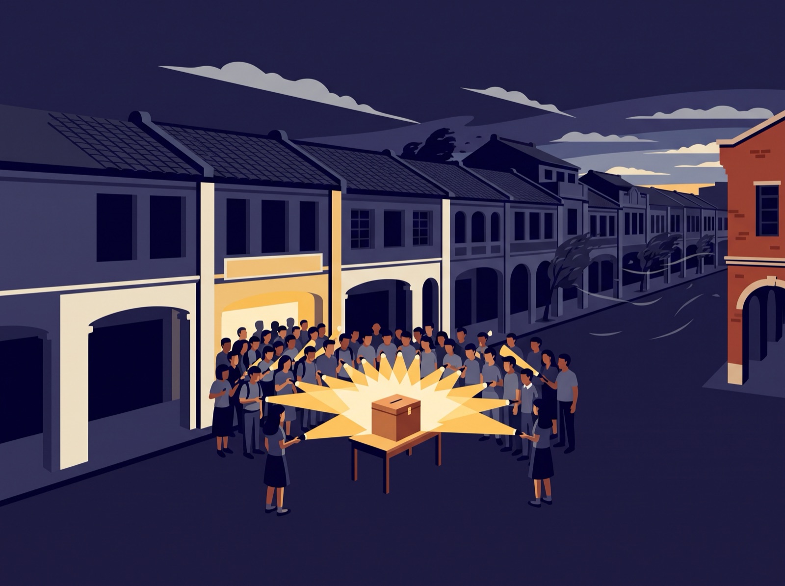 Illustration: on a night of power failure, students in front of Dadaocheng shophouses train their flashlight beams together on a ballot box