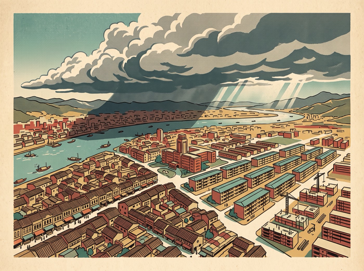 Illustration: a bird's-eye view of the Taipei basin, the old western city on one side and military villages and public housing under construction in the east, cloud shadows passing over